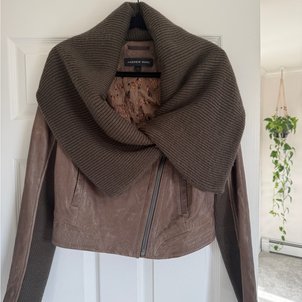 Andrew Marc Luxe Leather Moto Jacket w/ Oversized Knit Shawl Collar – Size L